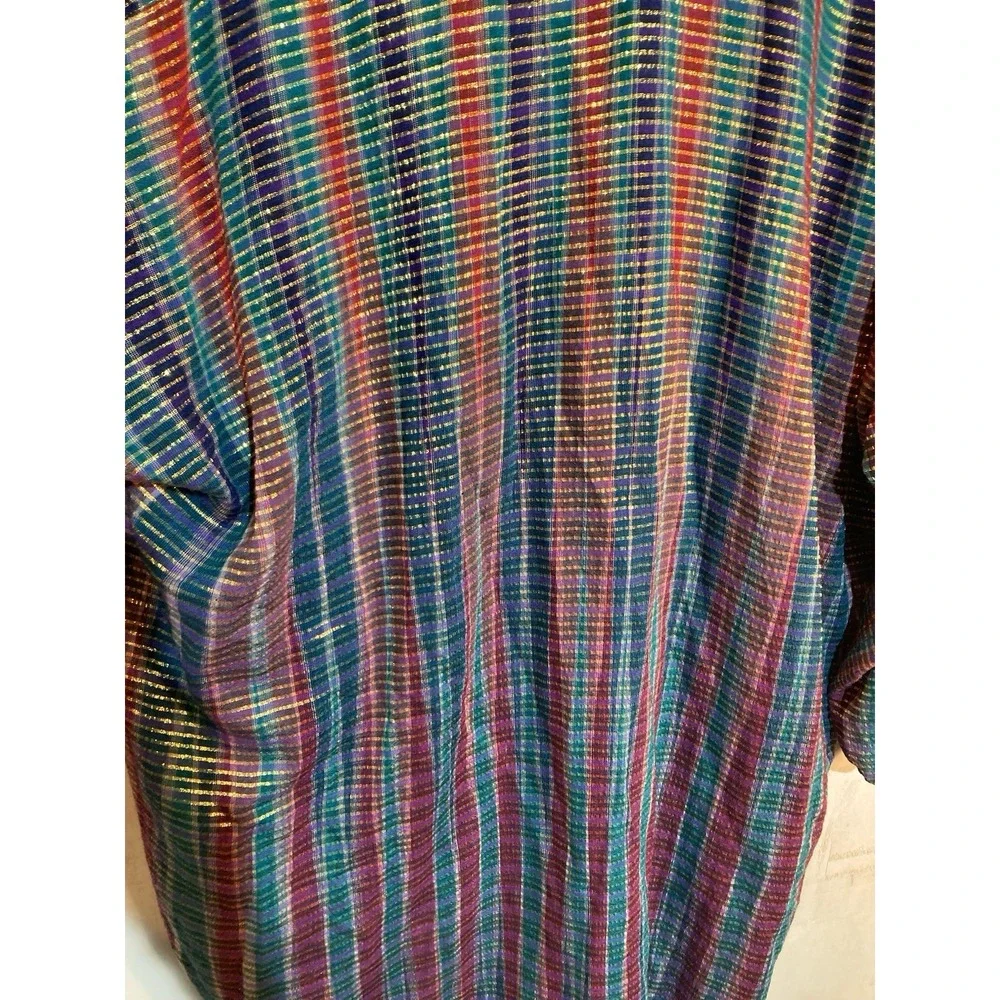 Handmade Button Down Shirt Women‎ Sz L Multi-Color Metallic Lurex Plaid Tunic - Picture 10 of 13